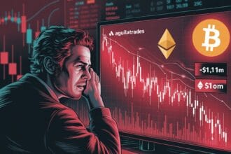 A digital chart showing steep declines in Bitcoin (BTC) and Ethereum (ETH) prices, with red candlesticks and downward arrows. A distressed trader watches the screen, representing AguilaTrades' $1.1 million loss from short positions.