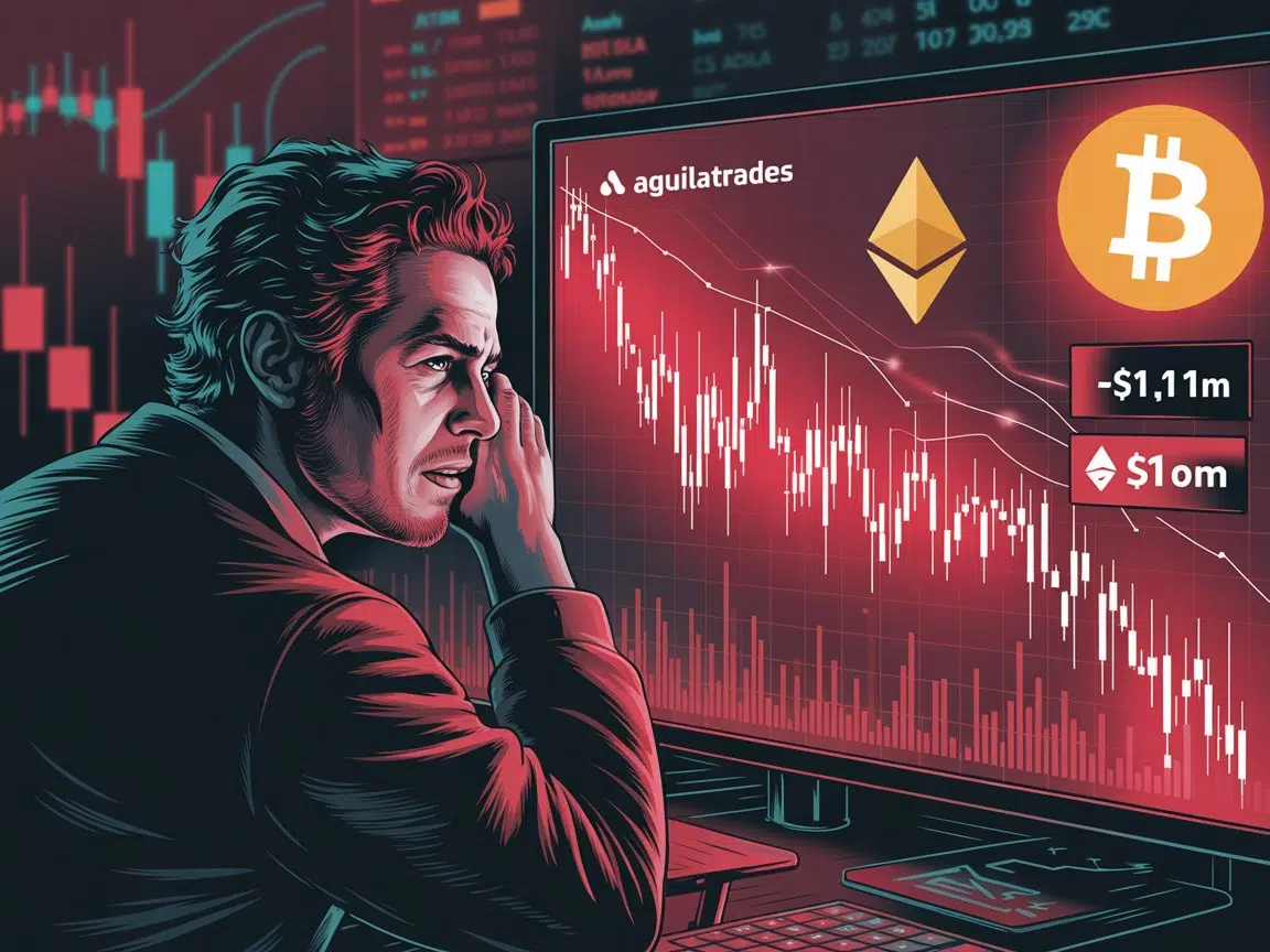 A digital chart showing steep declines in Bitcoin (BTC) and Ethereum (ETH) prices, with red candlesticks and downward arrows. A distressed trader watches the screen, representing AguilaTrades' $1.1 million loss from short positions.