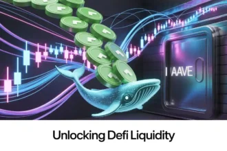 Futuristic digital illustration of a $200 million USDT transfer flowing into Aave, representing a major DeFi liquidity shift with a whale silhouette symbolizing large investor movement.