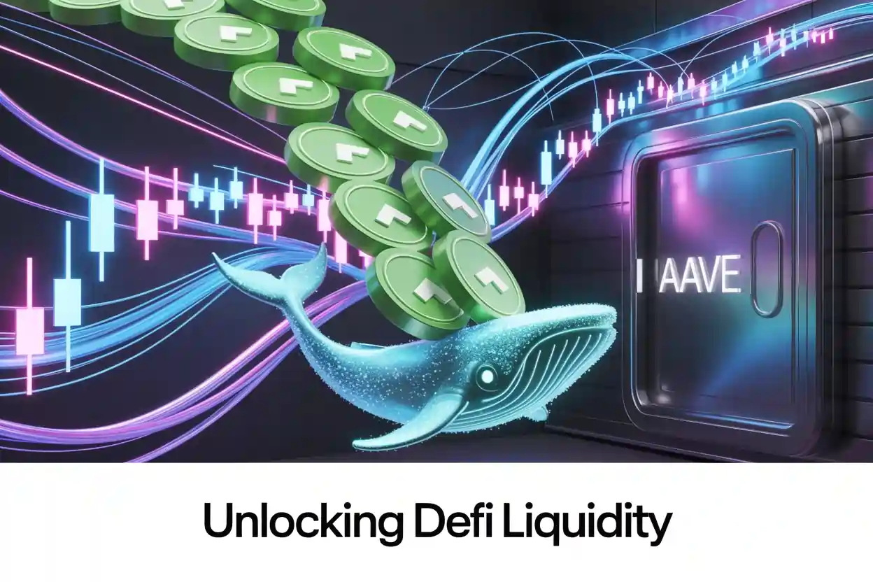 Futuristic digital illustration of a $200 million USDT transfer flowing into Aave, representing a major DeFi liquidity shift with a whale silhouette symbolizing large investor movement.