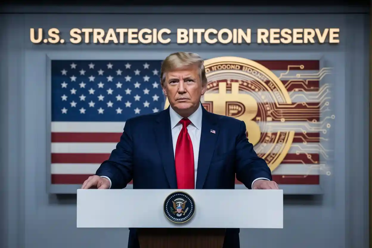 President Trump speaking at a press conference announcing the U.S. Strategic Bitcoin Reserve, with American flag and Bitcoin graphics in the background