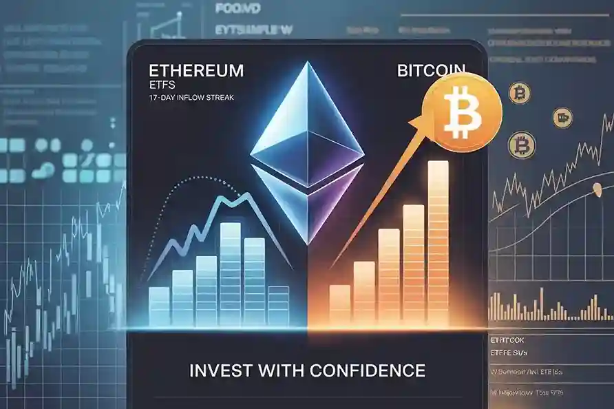 Ethereum and Bitcoin ETF comparison with inflow trends and bar charts