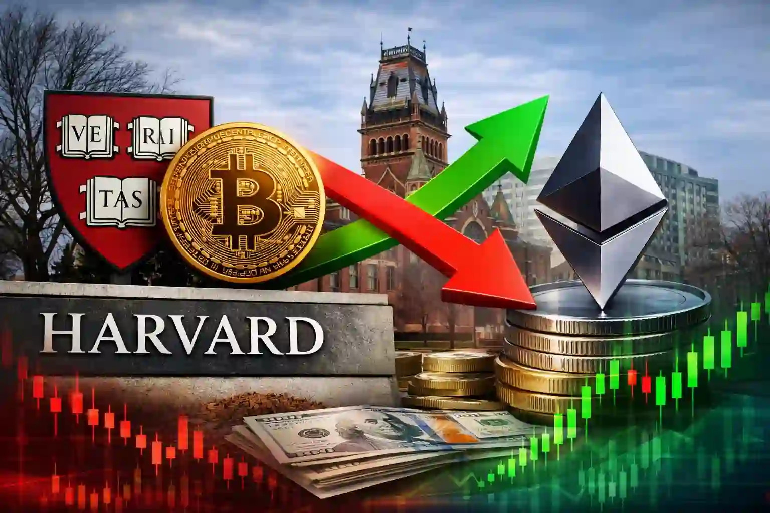 Harvard University reduces Bitcoin ETF holdings and adds Ethereum investment as crypto market volatility increases.